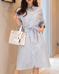 Lily of Valley/リリーオブバリー Lily of Valley ミディアム丈 ウエスト リボン ストライプ シャツ ワンピース レディース トップス 膝下/507017322