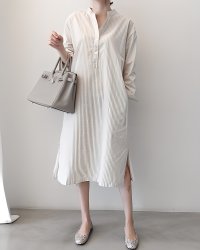 Lily of Valley/リリーオブバリー Lily of Valley ウエスト リボン ストライプ シャツ ワンピース 上品 清楚 レディース トップス 膝下/507017326