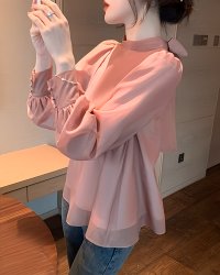 Lily of Valley/リリーオブバリー Lily of Valley バック リボン パフスリーブ チュニック ブラウス 長袖 フレア 上品 清楚 ハイネック/507017424