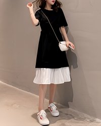 Lily of Valley/リリーオブバリー Lily of Valley プリーツ ドッキング バイカラー 半袖 ワンピース 上品 大人可愛い ミモレ丈 カジュアル/507017450
