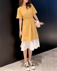 Lily of Valley/リリーオブバリー Lily of Valley プリーツ ドッキング バイカラー 半袖 ワンピース 上品 大人可愛い ミモレ丈 カジュアル/507017450