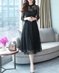 Lily of Valley/リリーオブバリー Lily of Valley 総レース ハイネック フレア ワンピース 上品 パーティードレス 長袖 結婚式 二次会/507017453