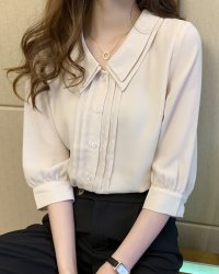 Lily of Valley/リリーオブバリー Lily of Valley ダブルカラー ピンタック シフォン ブラウス 七分袖 上品 きれいめ オフィス 襟付き/507017565