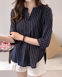 Lily of Valley/リリーオブバリー Lily of Valley 七分袖 スキッパー ストライプ ブラウス トップス レディース 上品 カジュアル ふんわり/507017583