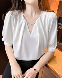 Lily of Valley/リリーオブバリー Lily of Valley パール チェーン付き 半袖 タック ブラウス レディース トップス 清楚 上品 きれいめ/507017587