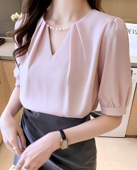 Lily of Valley/リリーオブバリー Lily of Valley パール チェーン付き 半袖 タック ブラウス レディース トップス 清楚 上品 きれいめ/507017587