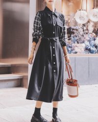 Lily of Valley/リリーオブバリー Lily of Valley チェック 柄 ドッキング ロング シャツワンピース ハイウエスト カジュアル 上品 長袖/507017615