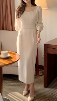 Lily of Valley/リリーオブバリー Lily of Valley バックリボン 無地 タック ワンピース 結婚式 二次会 長袖 きれいめ 上品 清楚/507017694