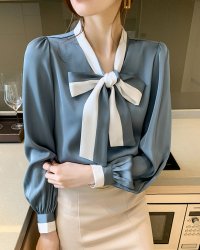 Lily of Valley/リリーオブバリー Lily of Valley バイカラー ボウタイ ブラウス 上品 事務服 長袖 ツートン 清楚 きれいめ オフィス/507017809