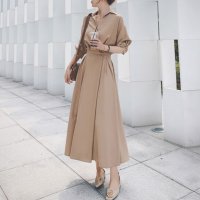 Lily of Valley/リリーオブバリー Lily of Valley ウエストゴム ロング シャツワンピース ハイウエスト ロング丈 カジュアル 上品 長袖 レディース/507017893