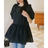KOBE LETTUCE/コウベレタス KOBE LETTUCE チェックオーガンジーペプラムブラウス【パフスリーブ】 [C7056]/507009366