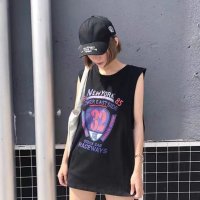 Belle Cie/ベルシー Belle Cie Tシャツ ノースリーブ タンクトップ プリント ペイント ナンバー レディース 韓国ファッション カジュアル ロング丈 カラバリ /507032306