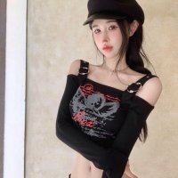 Belle Cie/ベルシー Belle Cie 長袖 Tシャツ 短丈 ショート丈 プリント セクシー オフショル レディース 韓国ファッション 肌見せ へそ出し ギャル オフショ/507032323