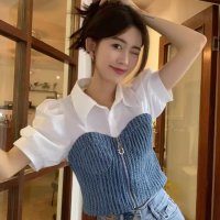 Belle Cie/ベルシー Belle Cie トップス 半袖 ビスチェ フェイクレイヤード 重ね着 ショート丈 レディース 短丈 ガーリー 大人 シャツ 韓国ファッション きれ/507044918