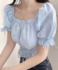 RIFF/リフ Riff 袖リボンスクエアネックトップス レースアップ パフスリーブ ショート丈 クロップド丈 カットソー ブラウス プルオーバー トップス 半袖 無地/507045902