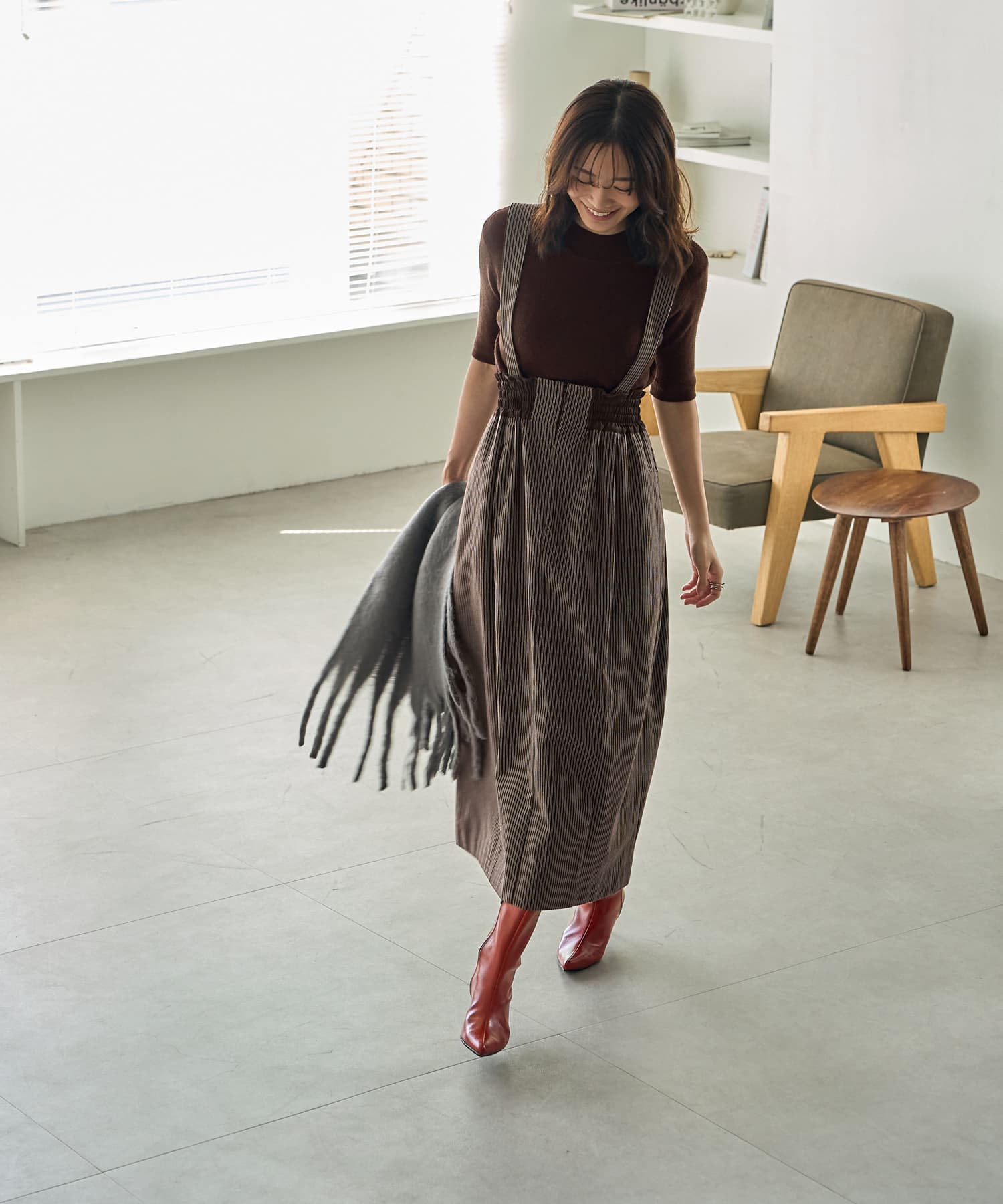 ダークブラウン 縦ストライプ ゴムウエスト スカート