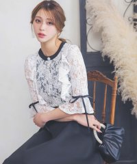 Retica/レティカ Retica フラワーレース7分袖ベルスリーブリボン切り替えフレアロングスカートクラシカル結婚式パーティードレス 大きいサイズ/507081639