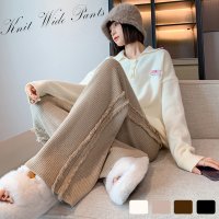 nijibra/ニジブラ nijibra 足長効果サイドフリンジニットパンツ ワイドパンツ パンツ ボトムス リブニット リブパンツ イージーパンツ サイドライン フリンジ 美/507082745