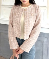 JULIA BOUTIQUE/ジュリアブティック JULIA BOUTIQUE ノーカラーツイードジャケット [24541 長袖 ショート丈 Uネック トップス 羽織り レディース ライトア/507087736