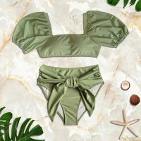 Angel Luna/エンジェル ルナ Angel Luna 【ビキニ水着2点セット】レディース 体型カバー ビスチェ風 バルーン袖 トップス ノンワイヤー レースアップ リボン セ/507091191