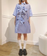 LA POMME petit/ラポミ プチ LA POMME petit パールチェーンネックレス付き アシンメトリーリボンが可愛いロントリボンデザインストライプワンピース/507091895