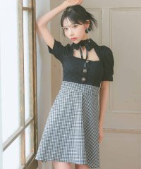 Tika/ティカ Tika ネックリボン襟デザイン半袖パフスリーブバストカット切り替えギンガムチェック柄フレアミニドレス/507092927