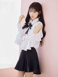 Tika/ティカ Tika ネックリボンタイ付き肩あき長袖フリルブラウス×ダブルボタンプリーツスカートセットアップドレス/507092931