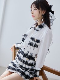 Tika/ティカ Tika 襟デザイン長袖シアーブラウス×タイトミニスカートツイード調ブロックチェック柄セットアップドレス/507092936