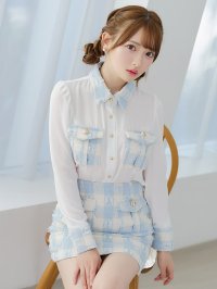 Tika/ティカ Tika 襟デザイン長袖シアーブラウス×タイトミニスカートツイード調ブロックチェック柄セットアップドレス/507092936