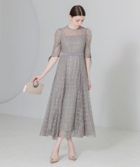 Leja/レジャ Leja チェック刺繍スパンコールチュール素材袖リボンパフスリーブウエストマークAラインロングワンピースフレアドレス美脚効果ドレス結婚式 パーティードレ/507093089