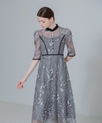 Leja/レジャ Leja 花柄刺繍レースチュールパフスリーブウエストマークプチハイネックAラインワンピースロングドレス美脚効果結婚式 パーティードレス 成人式 20代 /507093095