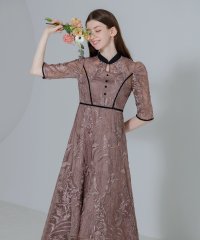 Leja/レジャ Leja 花柄刺繍レースチュールパフスリーブウエストマークプチハイネックAラインワンピースロングドレス美脚効果結婚式 パーティードレス 成人式 20代 /507093095