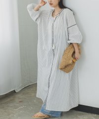 Noia/ノイア Noia 刺繍ギャザーストライプ柄ワンピース/507093524