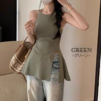 Belle Cie/ベルシー Belle Cie キャミ タンクトップ サマーニット フレア チュニック かわいい レディース 韓国ファッション 夏服 シンプル スリット ペプラム/507017840