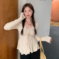 Belle Cie/ベルシー Belle Cie Tシャツ ロンＴ 長袖 トップス シャーリング ペプラム ブラウス リブ フリル Vネック Aライン 薄手 大きいサイズ シンプル/507044894