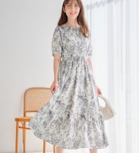 Alotta/線画タッチ花柄ギャザー切替ワンピース/507046911