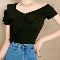 shoppinggo/ショッピングゴー shoppinggo Tシャツ レディース カットソー 半袖 無地 フリル トップス プルオーバー お洒落 カジュアル 白 黒/507123715