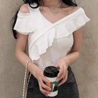 shoppinggo/ショッピングゴー shoppinggo Tシャツ レディース カットソー 半袖 無地 フリル トップス プルオーバー お洒落 カジュアル 白 黒/507123715