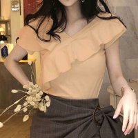shoppinggo/ショッピングゴー shoppinggo Tシャツ レディース カットソー 半袖 無地 フリル トップス プルオーバー お洒落 カジュアル 白 黒/507123715