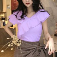 shoppinggo/ショッピングゴー shoppinggo Tシャツ レディース カットソー 半袖 無地 フリル トップス プルオーバー お洒落 カジュアル 白 黒/507123715