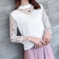 shoppinggo/ショッピングゴー shoppinggo ニットセーター レディース 長袖 レース切り替え 袖透け 重ね着風 着痩せ おしゃれ 黒 白 細くスリム/507123720