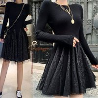 shoppinggo/ショッピングゴー shoppinggo ニットワンピース キラキラ 暖かい ミニワンピース 秋冬 Aライン 韓国ファッション レース付き/507123879