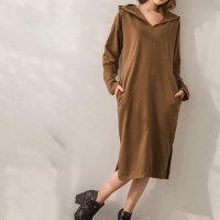 ica/アイカ ica 薄手のスウェット素材 Vネック プルオーバー 長袖 ミモレ丈 ロングパーカーワンピース/507143634