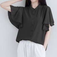 ica/アイカ ica 涼し気 薄手 楊柳シフォン フレアスリーブ ＆レイヤード デザイン スタンドカラー 半袖ブラウス/507143681