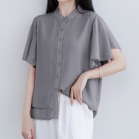 ica/アイカ ica 涼し気 薄手 楊柳シフォン フレアスリーブ ＆レイヤード デザイン スタンドカラー 半袖ブラウス/507143681