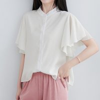 ica/アイカ ica 涼し気 薄手 楊柳シフォン フレアスリーブ ＆レイヤード デザイン スタンドカラー 半袖ブラウス/507143681