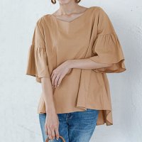 ica/アイカ ica 涼しい 薄手 綿麻素材 フレアスリーブ 五分袖 ゆったり Aライン Vネック プルオーバーブラウス/507143746