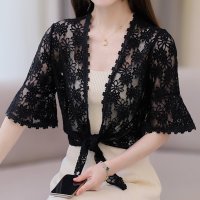 ica/アイカ ica 涼しい 薄手 総レース ゆったり フレアスリーブ 五分袖 裾結び ショート丈 ボレロカーディガン/507143783