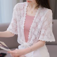 ica/アイカ ica 涼しい 薄手 総レース ゆったり フレアスリーブ 五分袖 裾結び ショート丈 ボレロカーディガン/507143783