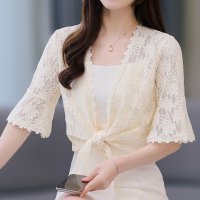 ica/アイカ ica 涼しい 薄手 総レース ゆったり フレアスリーブ 五分袖 裾結び ショート丈 ボレロカーディガン/507143783
